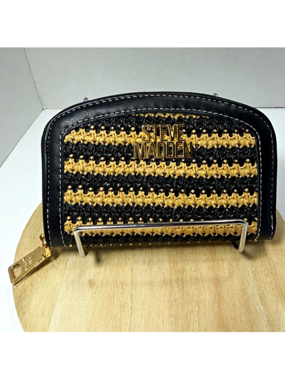 Steve Madden Black & Gold Striped Woven Zip Wallet